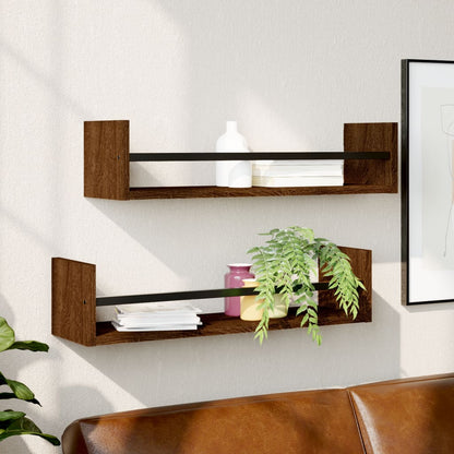 Wall Shelves with Bars 2 pcs Brown Oak 60x16x14 cm