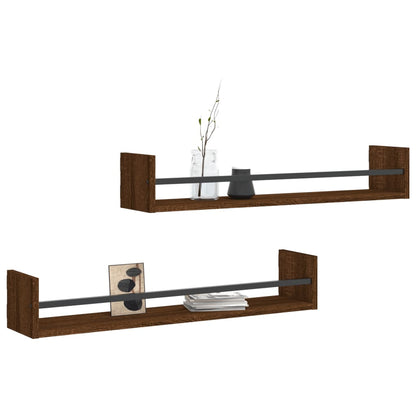 Wall Shelves with Bars 2 pcs Brown Oak 80x16x14 cm