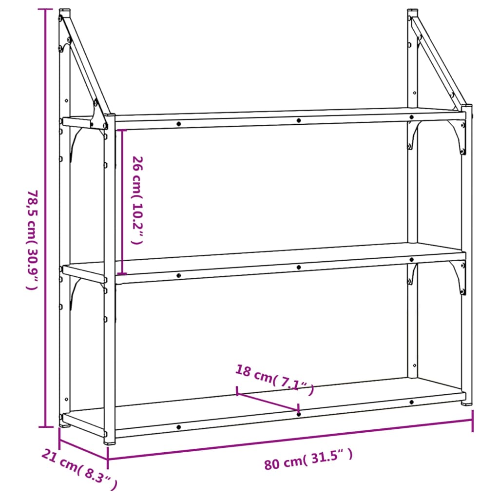 3-Tier Wall Shelf Grey Sonoma 80x21x78.5 cm Engineered Wood