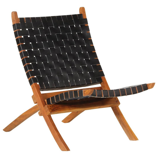 Folding Chair Black Real Leather