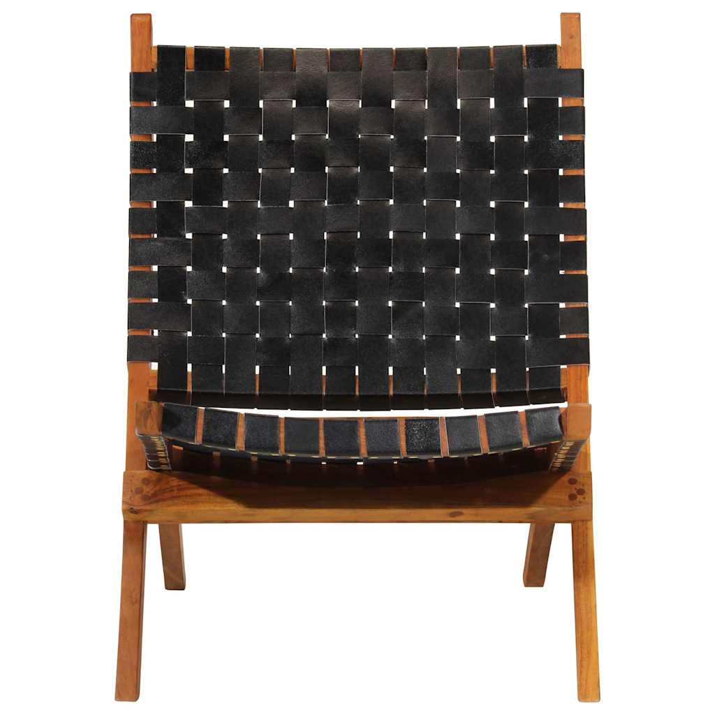 Folding Relaxing Chair Black Real Leather