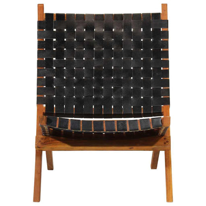 Folding Relaxing Chair Black Real Leather