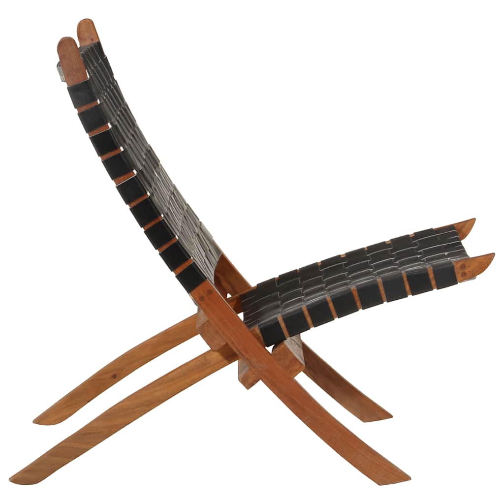 Folding Relaxing Chair Black Real Leather