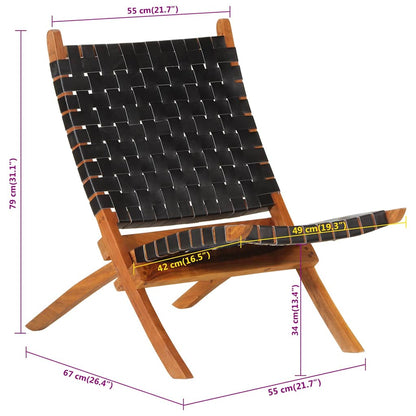 Folding Relaxing Chair Black Real Leather