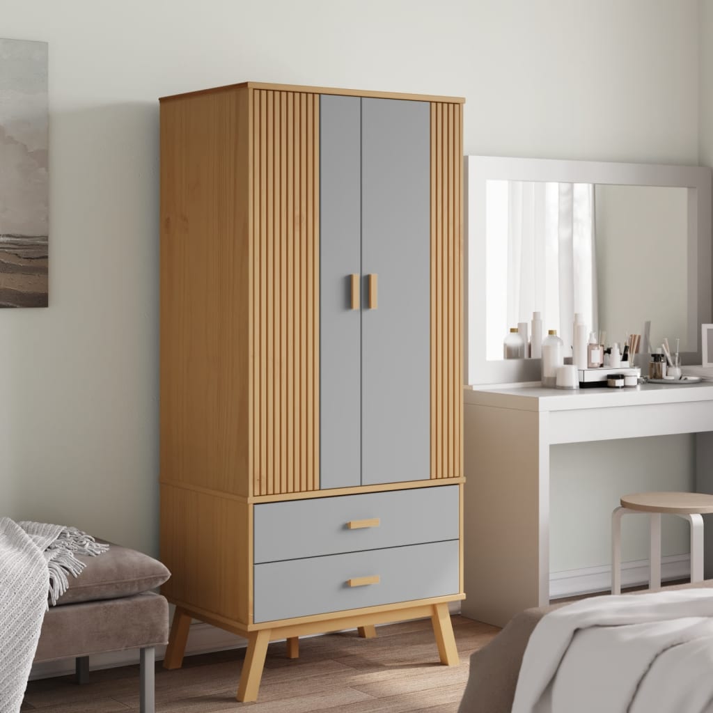 vidaXL Wardrobe Grey and Brown Solid Pine Wood, Engineered Wood