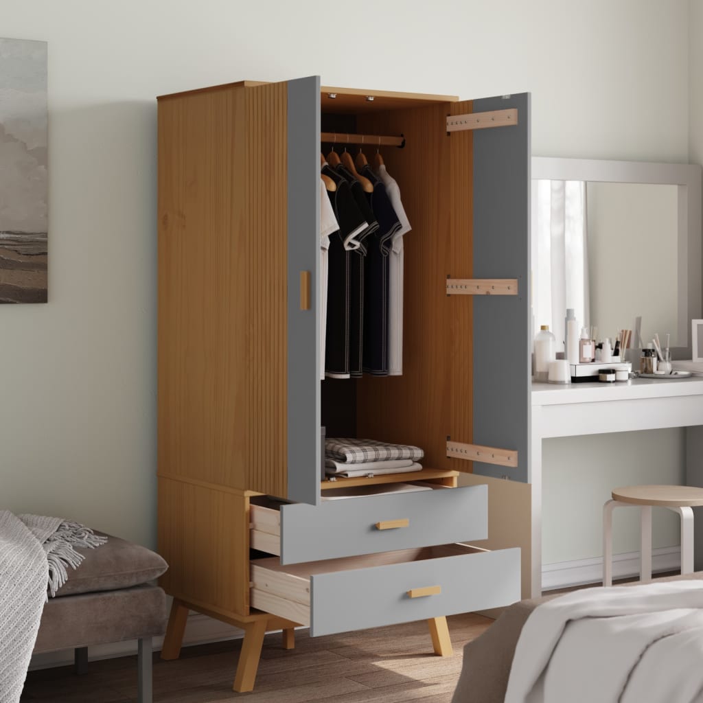 vidaXL Wardrobe Grey and Brown Solid Pine Wood, Engineered Wood