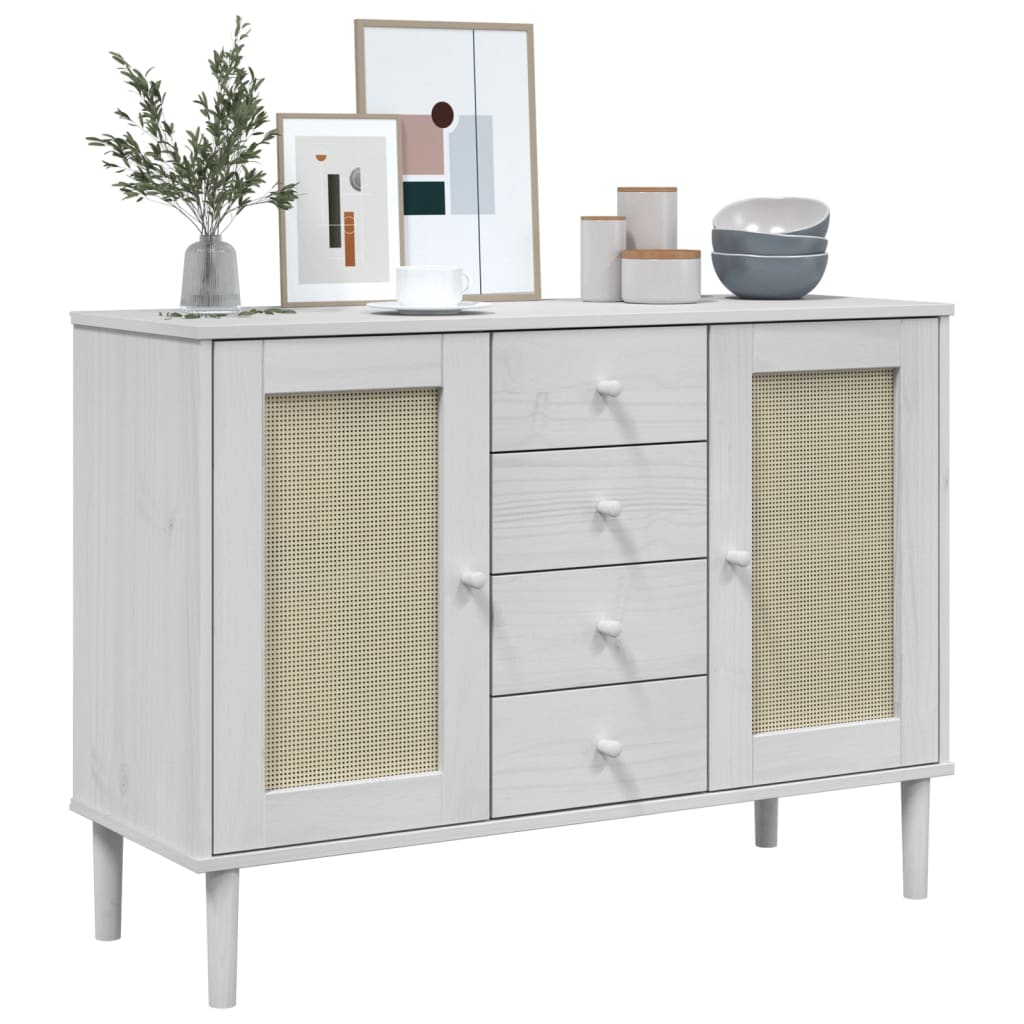 Sideboard SENJA Rattan Look White 112x40x80 cm Solid Wood Pine