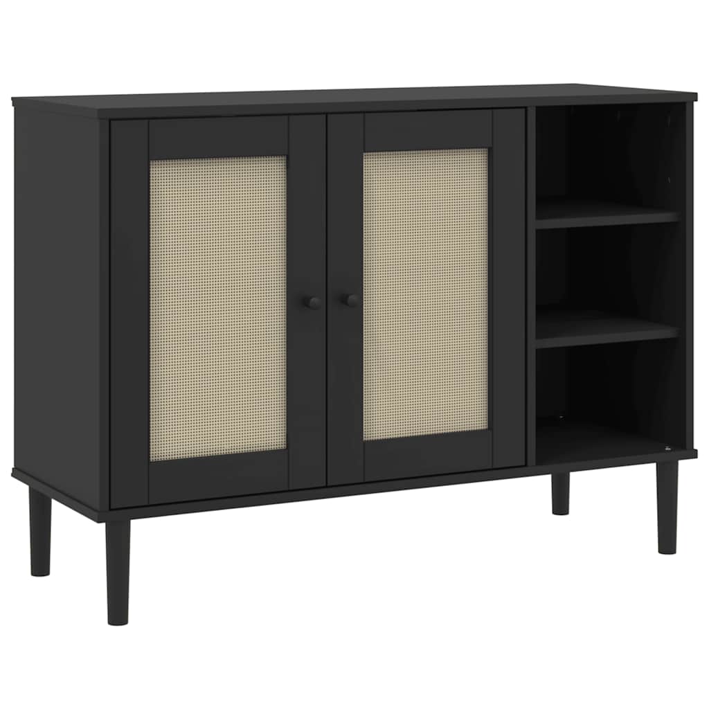 Sideboard | Black | Solid pine wood, Engineered wood, Poly rattan | Large
