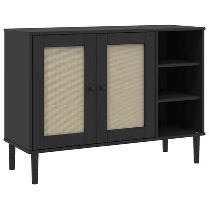 Sideboard | Black | Solid pine wood, Engineered wood, Poly rattan | Large