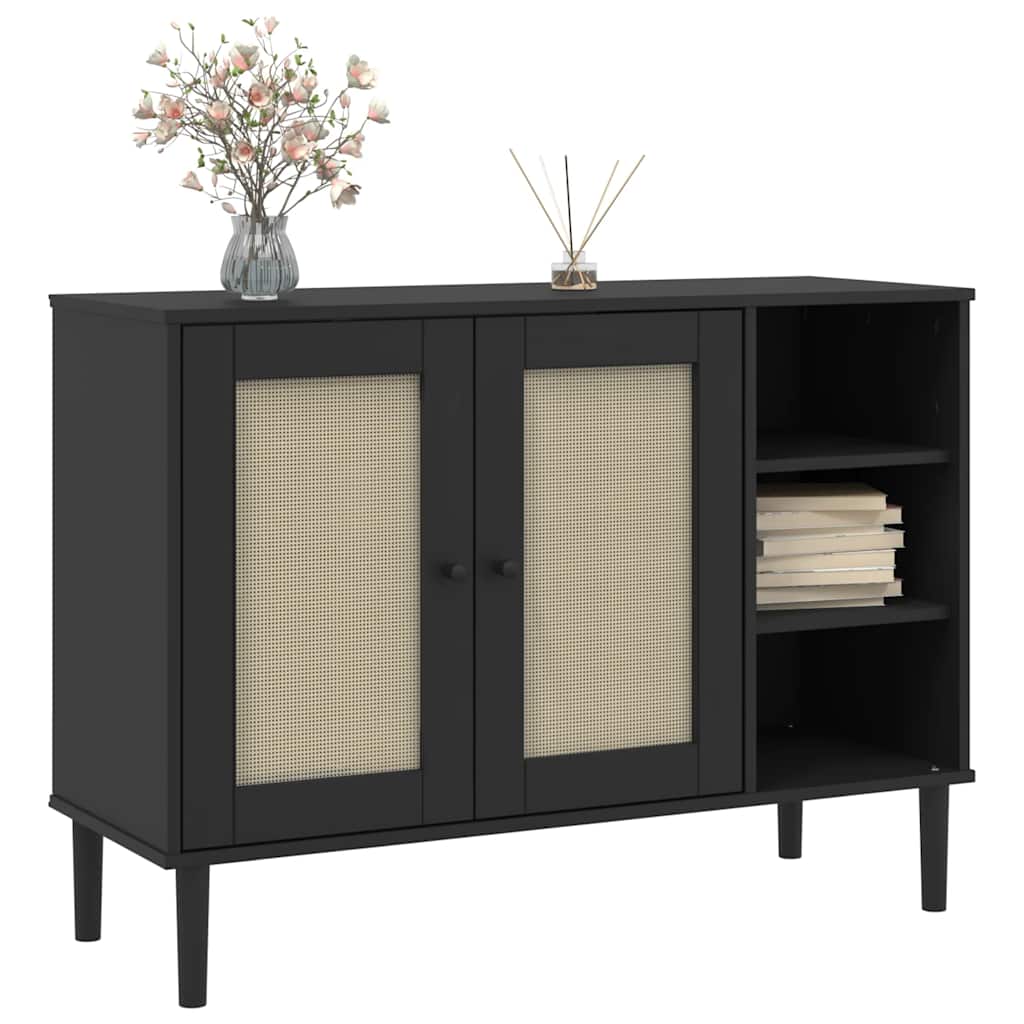 Sideboard | Black | Solid pine wood, Engineered wood, Poly rattan | Large