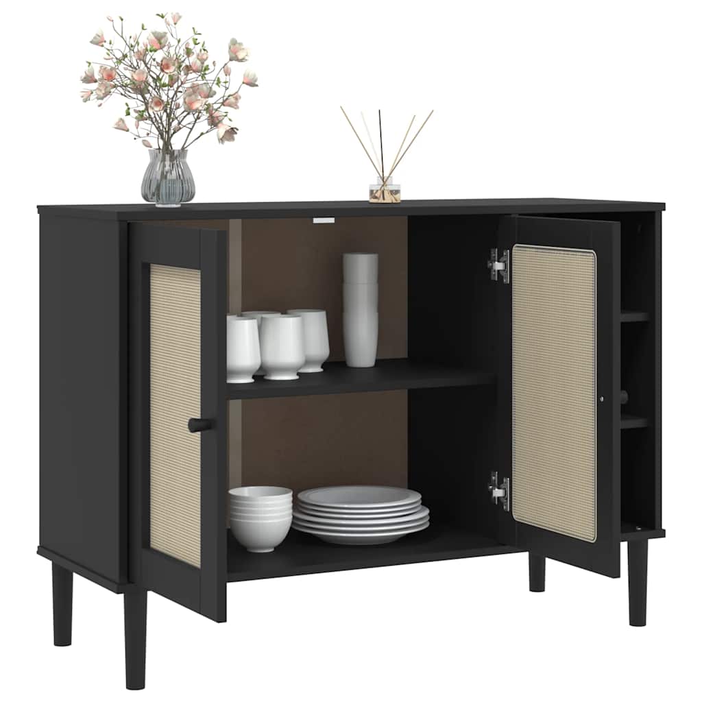 Sideboard | Black | Solid pine wood, Engineered wood, Poly rattan | Large