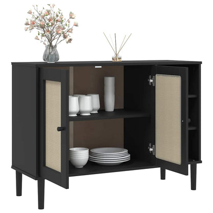 Sideboard | Black | Solid pine wood, Engineered wood, Poly rattan | Large