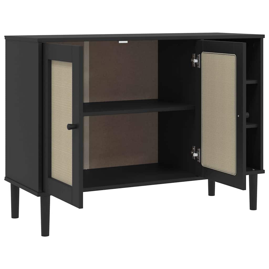 Sideboard | Black | Solid pine wood, Engineered wood, Poly rattan | Large