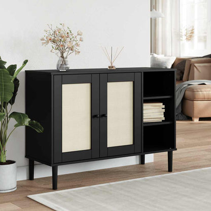 Sideboard | Black | Solid pine wood, Engineered wood, Poly rattan | Large