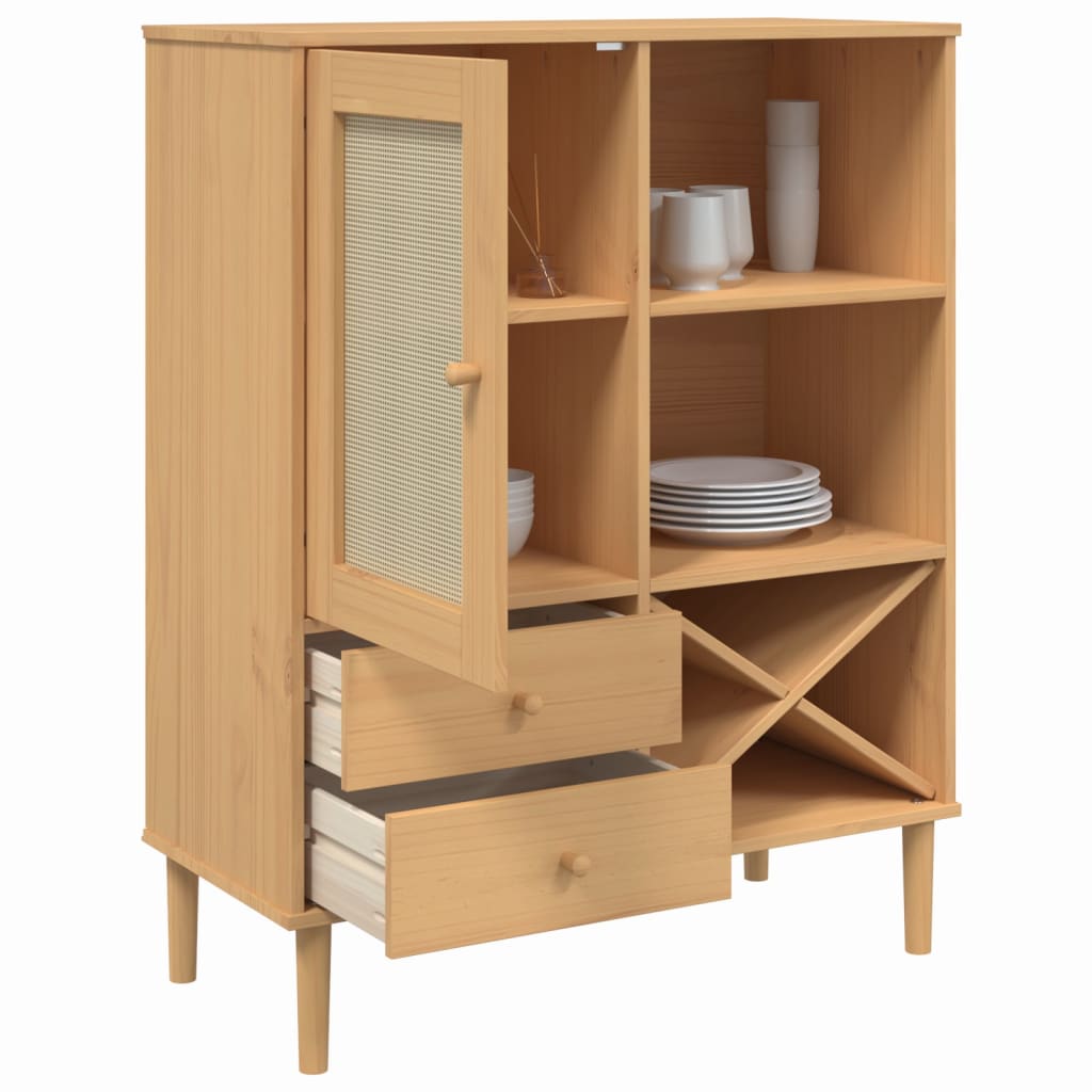 Highboard SENJA Rattan Look Brown 90x40x112cm Solid Wood Pine