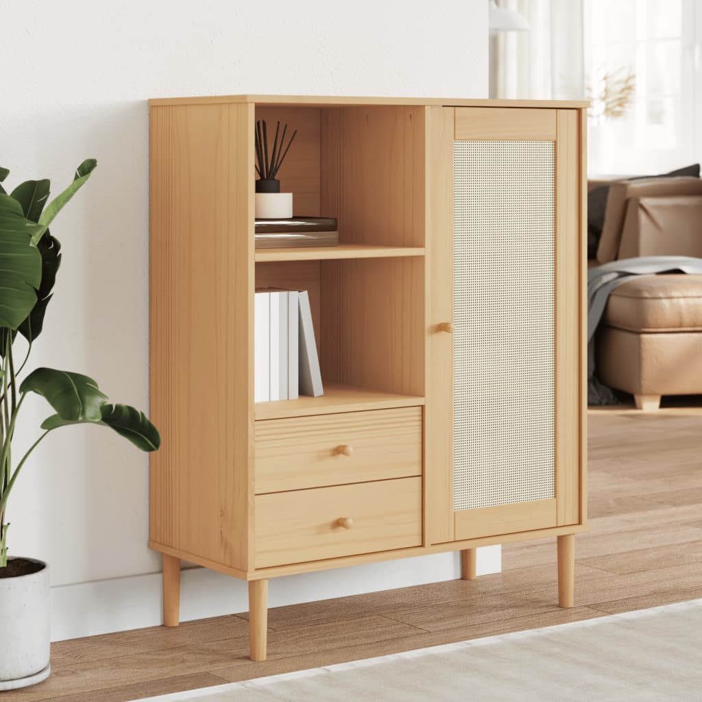 Highboard SENJA Rattan Look Brown 90x40x112 cm Solid Wood Pine
