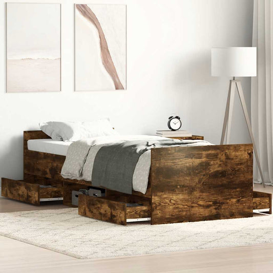 Bed Frame | Smoked Oak | Engineered Wood, Solid Pine Wood | 90x200 cm