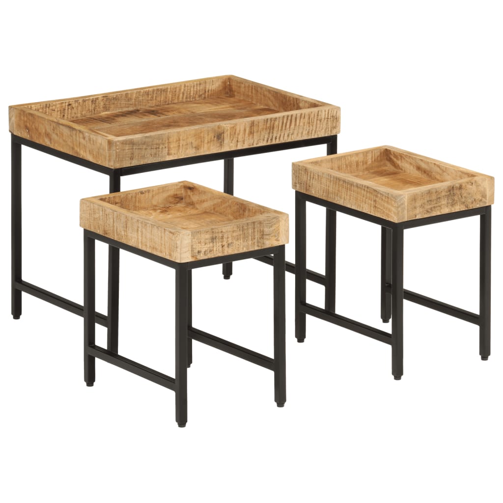 Nesting Coffee Tables 3 pcs Solid Rough Mango Wood and Iron
