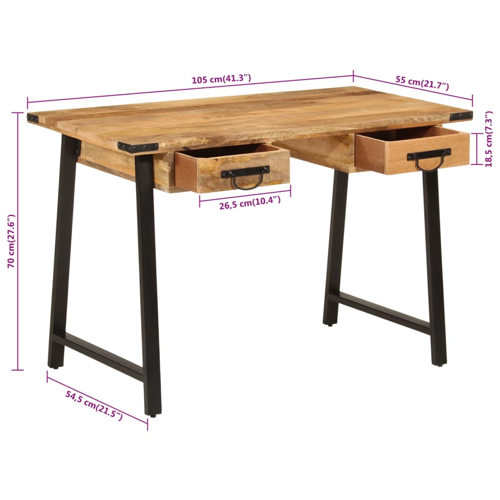 Desk with Drawers 105x55x70 cm Solid Wood Mango and Iron