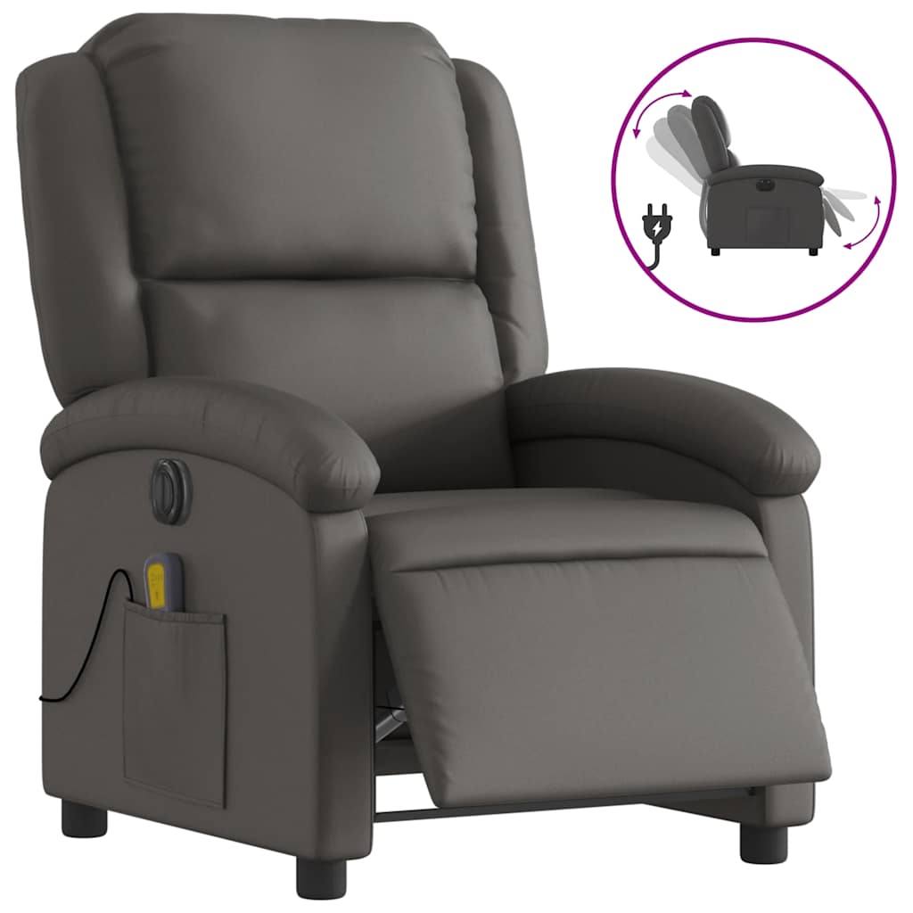 Electric Recliner Chair Gray Real Leather