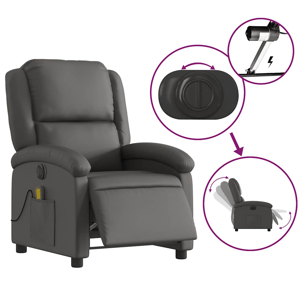Electric Recliner Chair Gray Real Leather