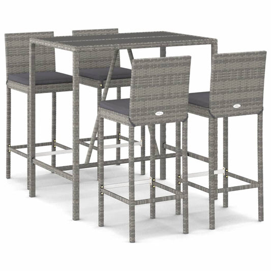 5 Piece Garden Bar Set with Cushions Grey Poly Rattan