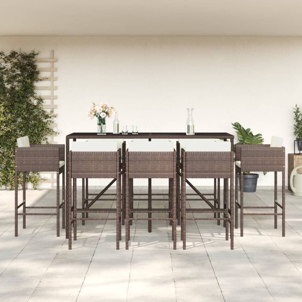 9 Piece Garden Bar Set with Cushions Brown Poly Rattan