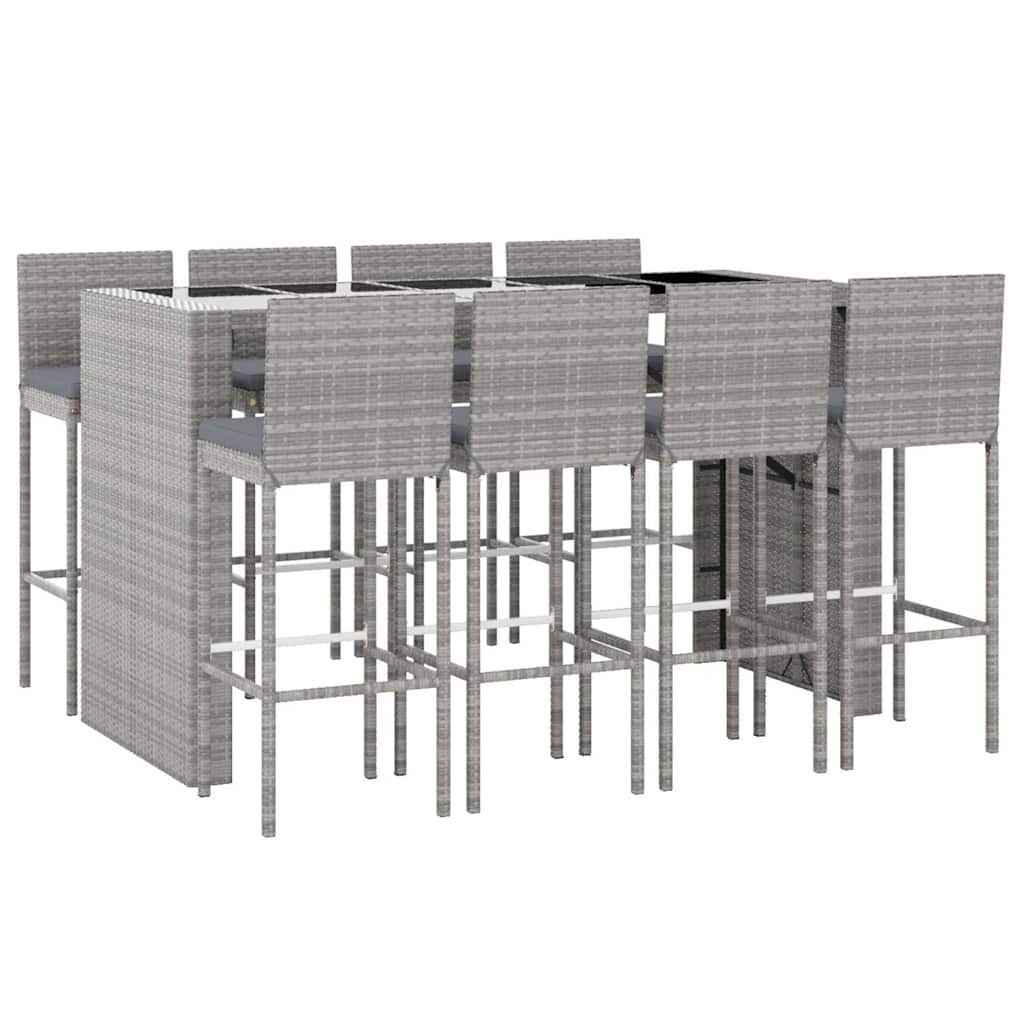 9 Piece Garden Bar Set with Cushions Grey Poly Rattan