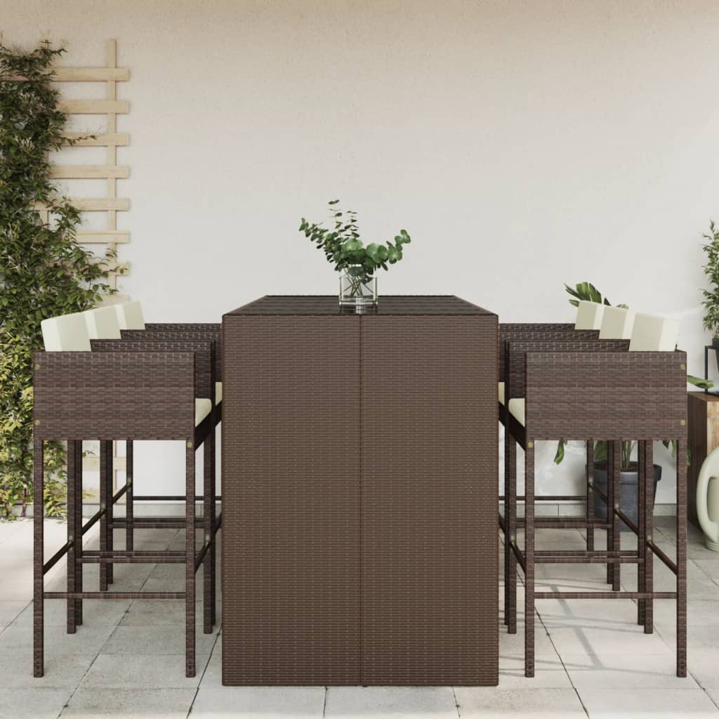 7 Piece Garden Bar Set with Cushions Brown Poly Rattan