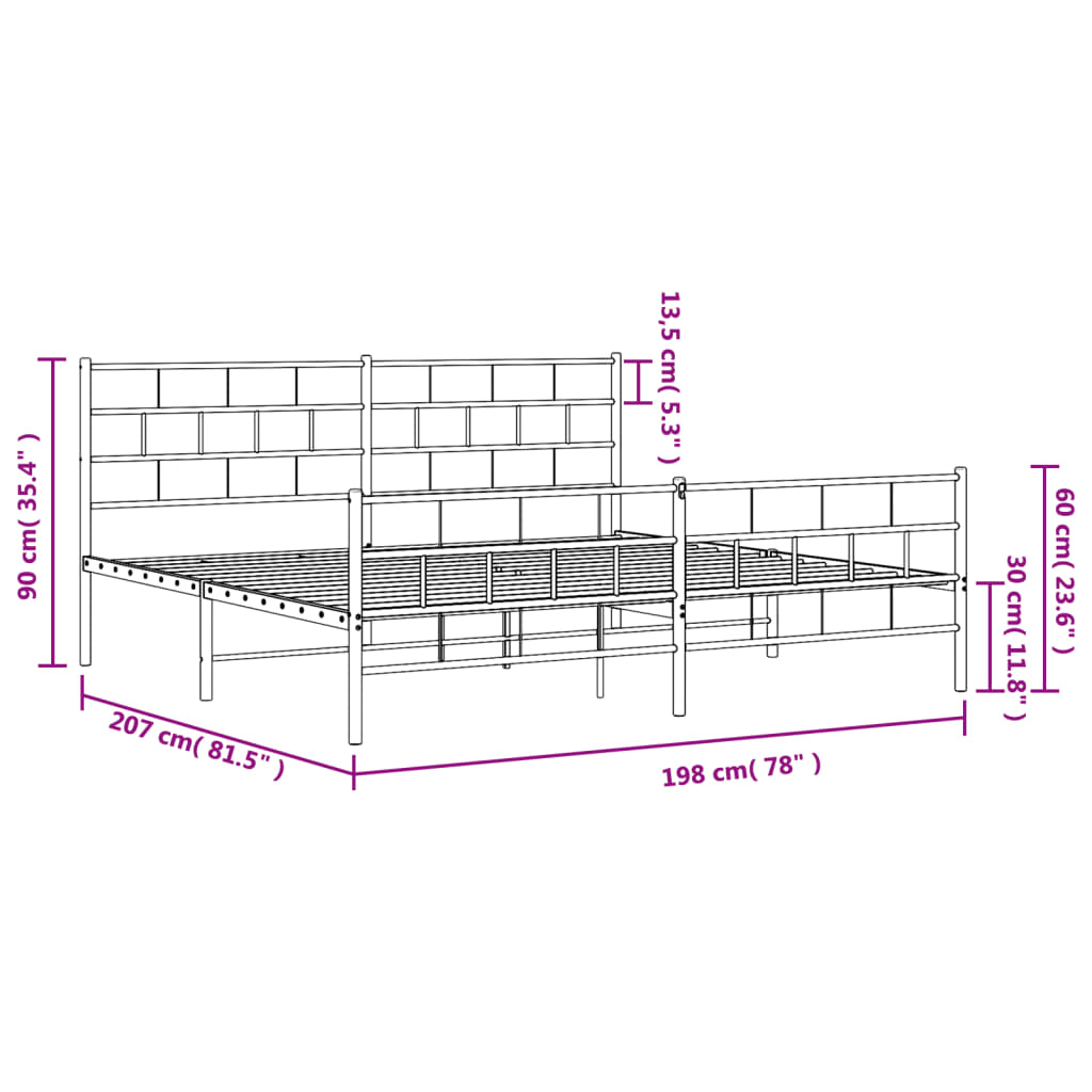 Metal Bed Frame without Mattress with Footboard White 193x203cm