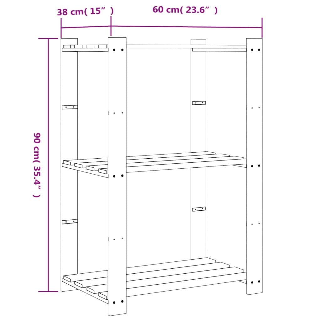 3-Tier Storage Rack Black 60x38x90 cm Solid Wood Pine