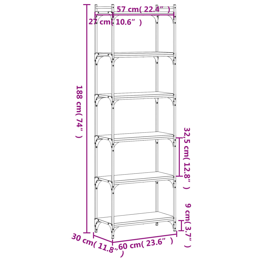 vidaXL Bookcase Black Engineered Wood, Metal 23.6 x 11.8 x 74.0 in