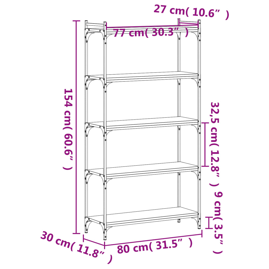 Bookcase Black Engineered wood 5-Tier Adjustable Feet