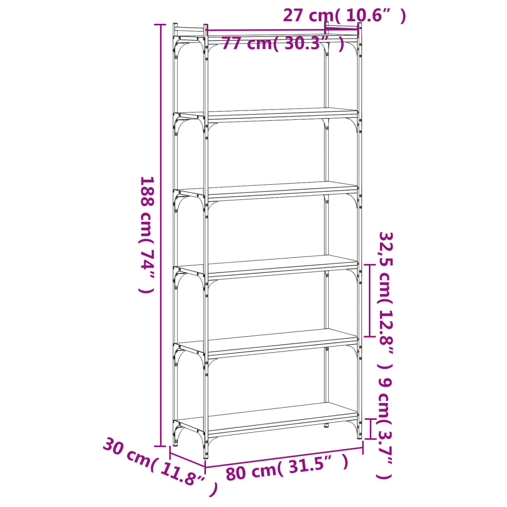 Bookcase 6-Tier Black 31.5"x11.8"x74" Engineered Wood