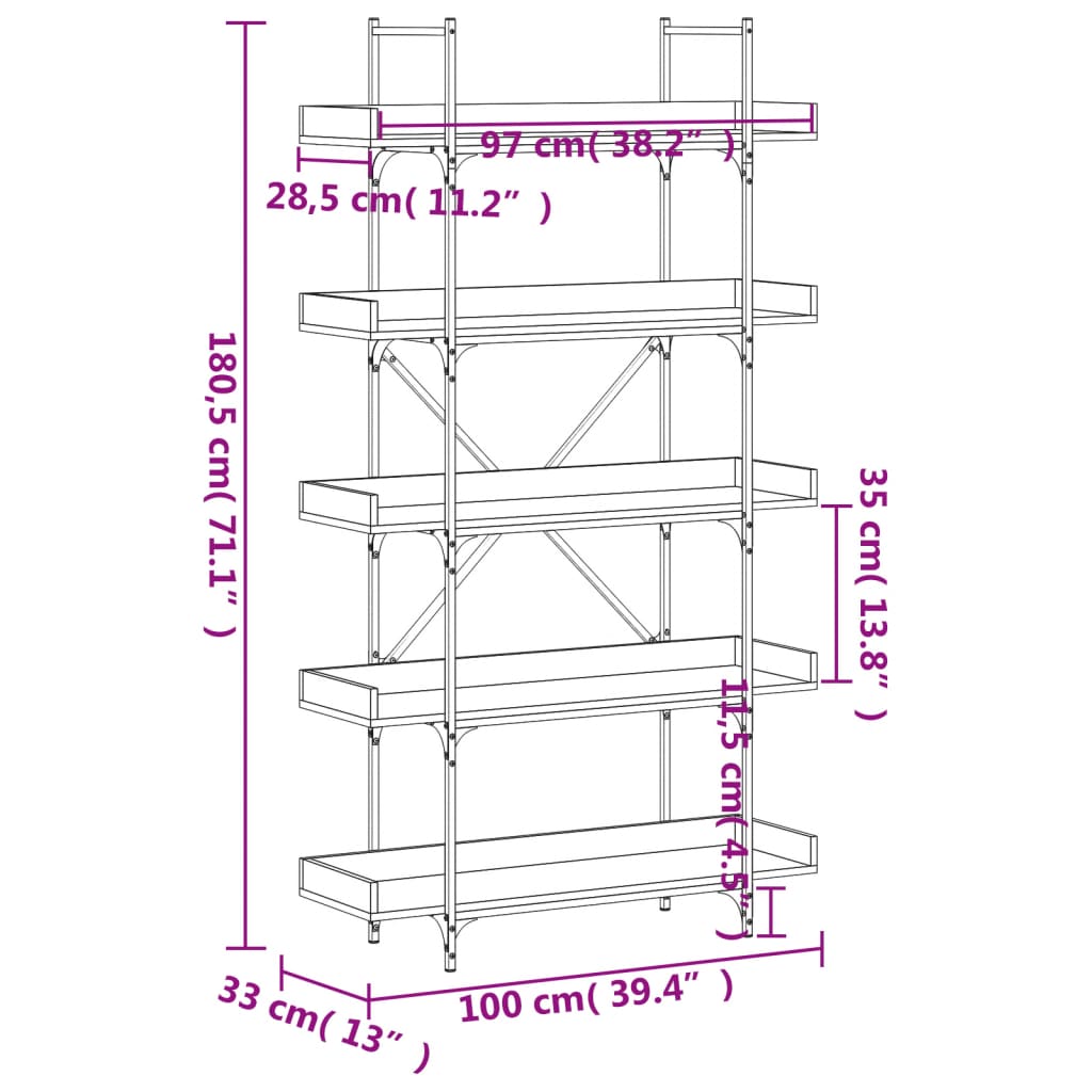 Bookcase 5-Tier Black 39.4"x13"x71.1" Engineered Wood