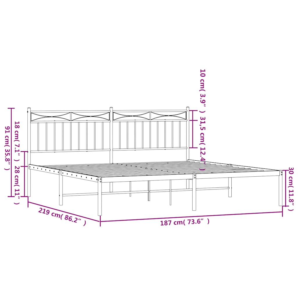 Metal Bed Frame without Mattress with Headboard Black 183x213cm