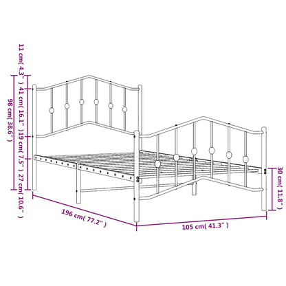 Metal Bed Frame without Mattress with Footboard White 100x190cm