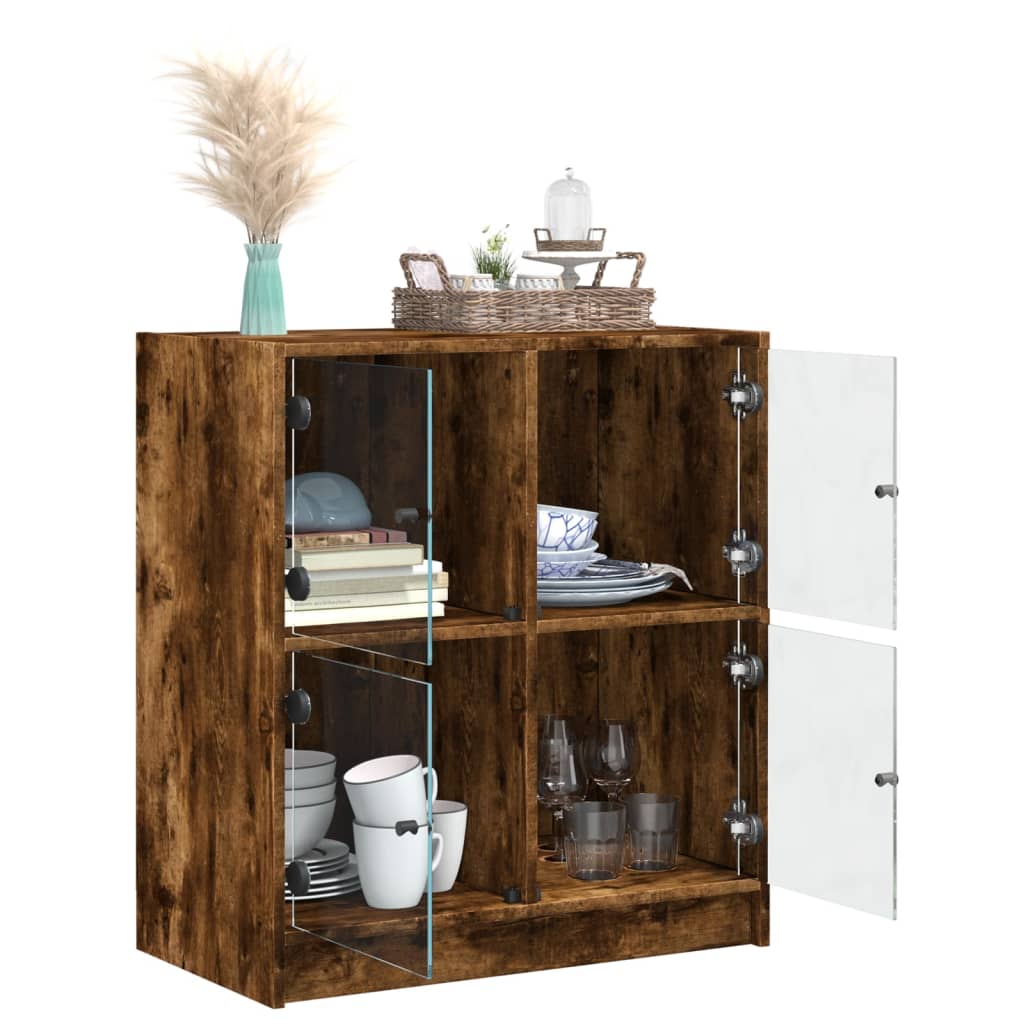 Side Cabinet with Glass Doors Smoked Oak 68x37x75.5 cm