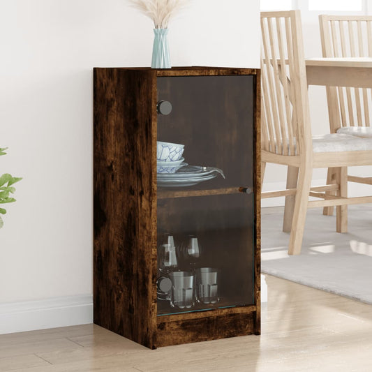 Side Cabinet with Glass Doors Smoked Oak 35x37x75.5 cm