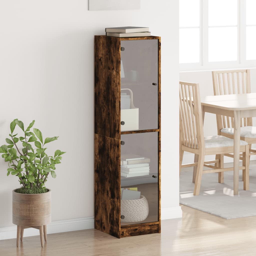 Highboard with Glass Doors Smoked Oak 35x37x142 cm