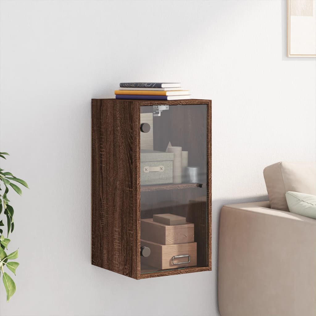 Wall Cabinet with Glass Doors Brown Oak 35x37x68.5 cm