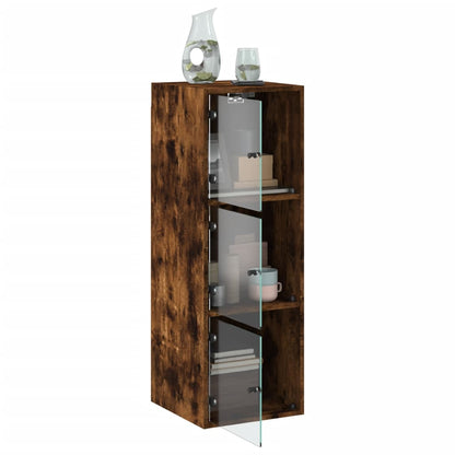 Wall Cabinet with Glass Doors Smoked Oak 35x37x100 cm