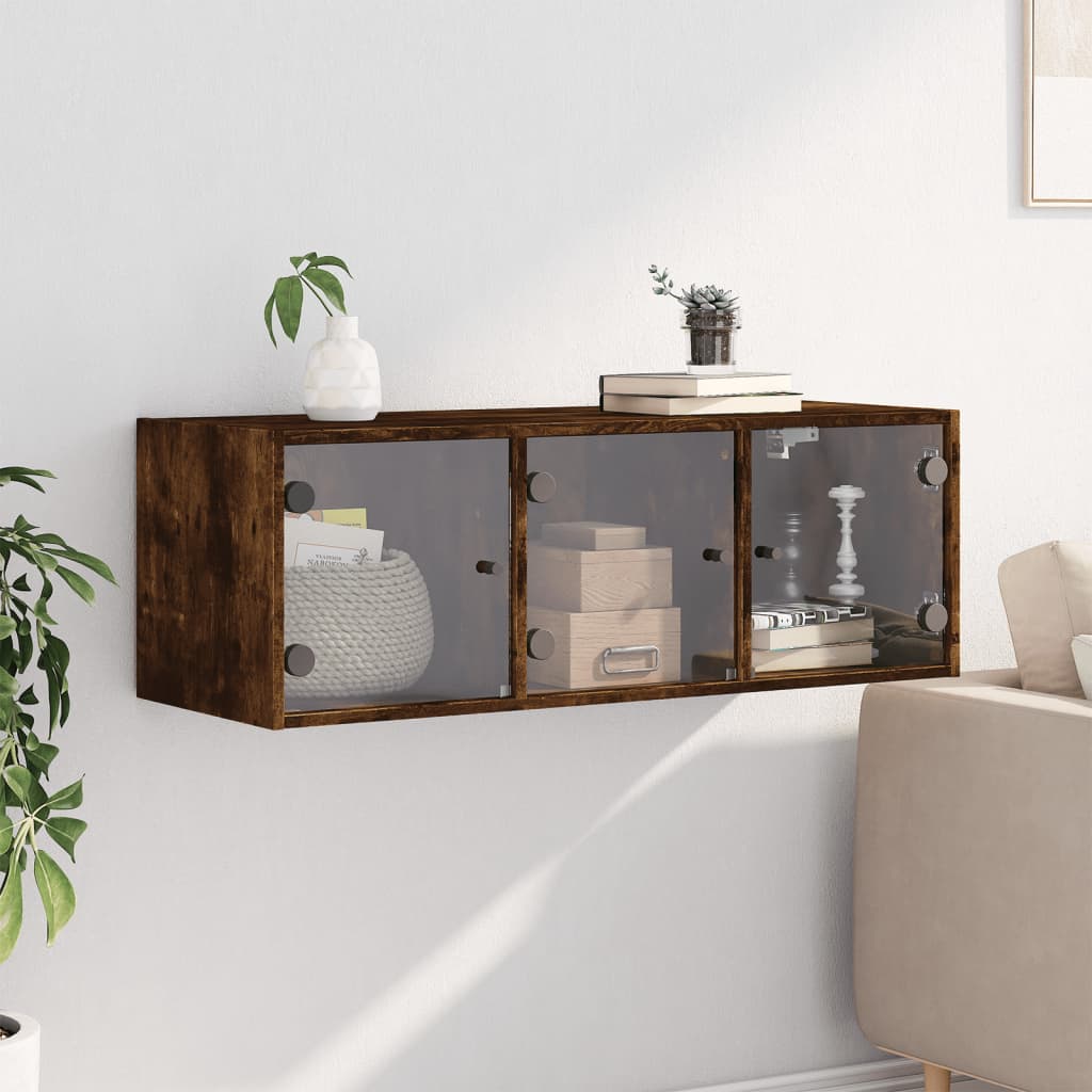 Wall Cabinet with Glass Doors Smoked Oak 102x37x35 cm