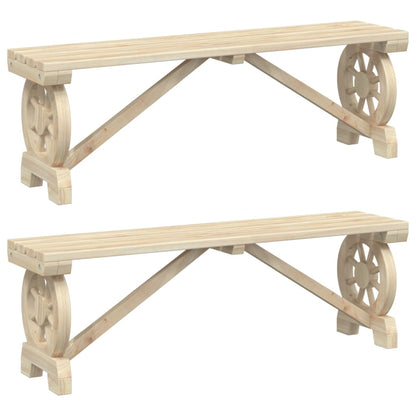 Garden Bench Set of 2 Brown Solid Fir Wood Standard Seats 2