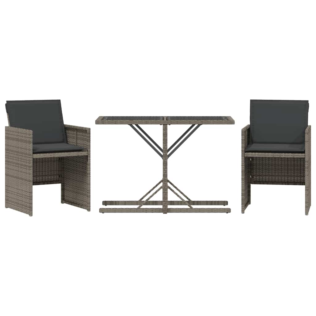 3 Piece Bistro Set with Cushions Grey Poly Rattan