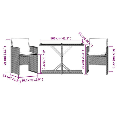 3 Piece Bistro Set with Cushions Grey Poly Rattan