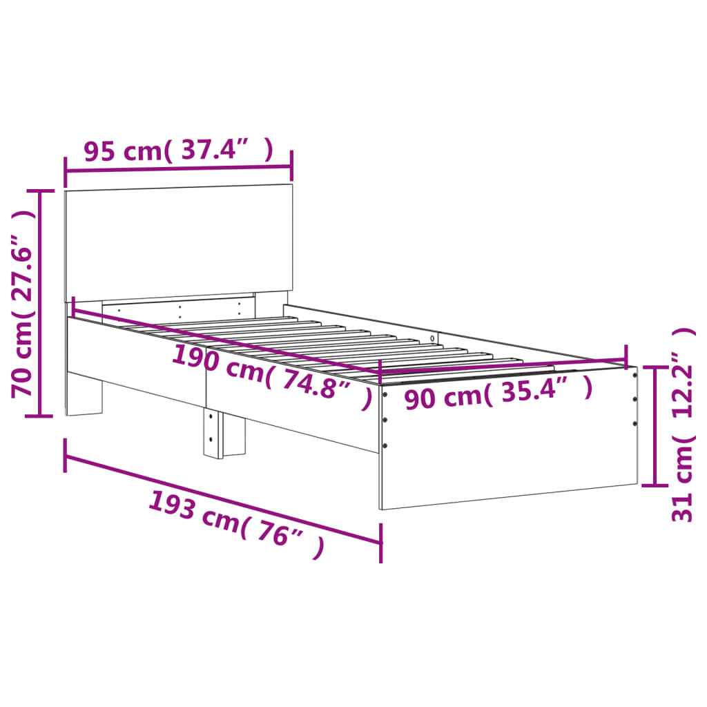 Bed Frame without Mattress with Headboard Grey Sonoma 90x190 cm Single