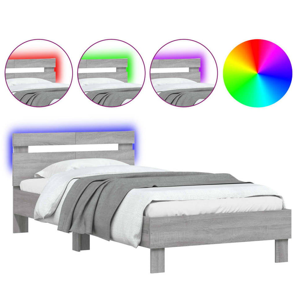 Bed Frame with Headboard and LED Lights Grey Sonoma 100x200 cm