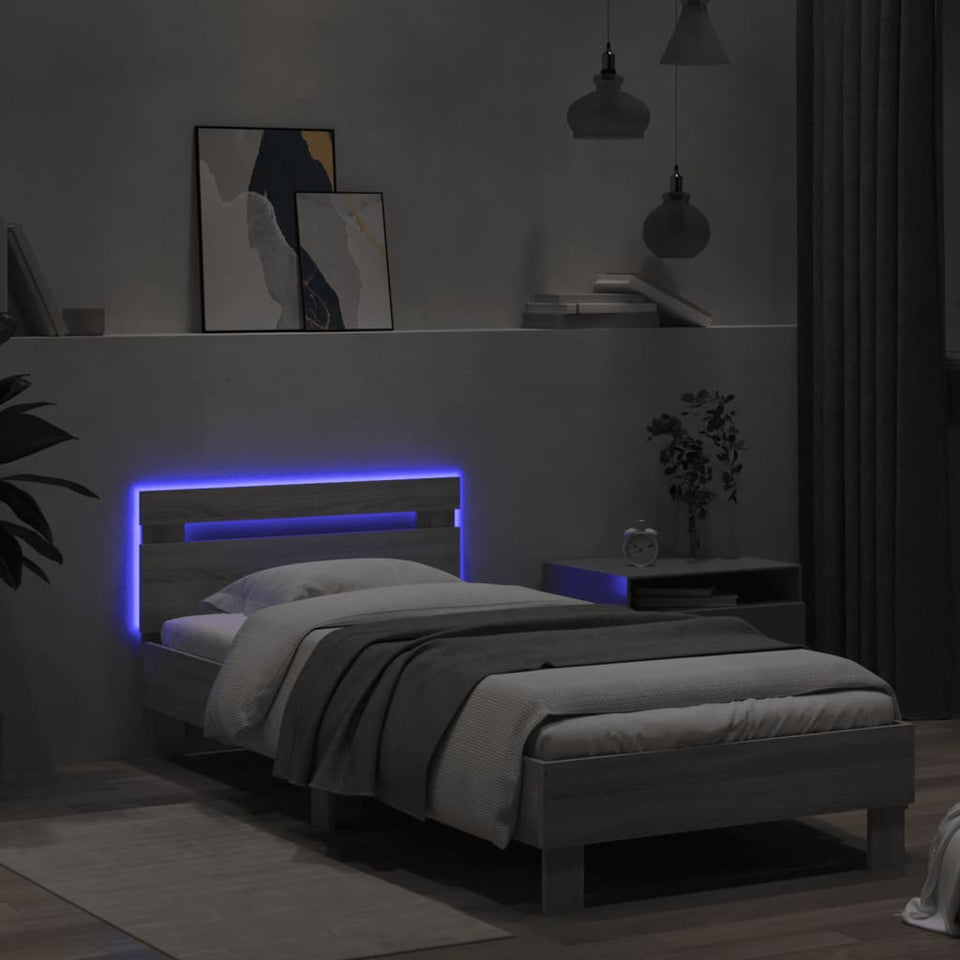 Bed Frame with Headboard and LED Lights Grey Sonoma 90x200 cm