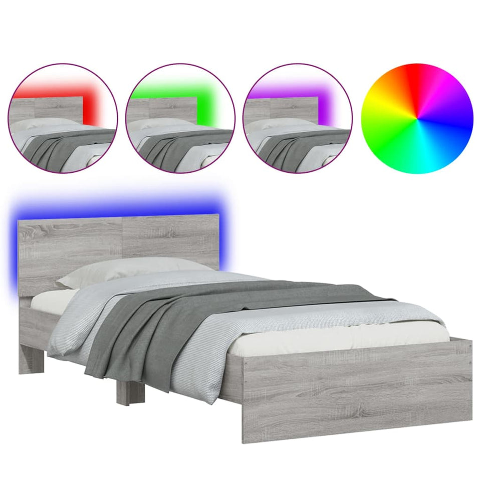 Bed Frame with Headboard and LED Lights Grey Sonoma 100x200 cm